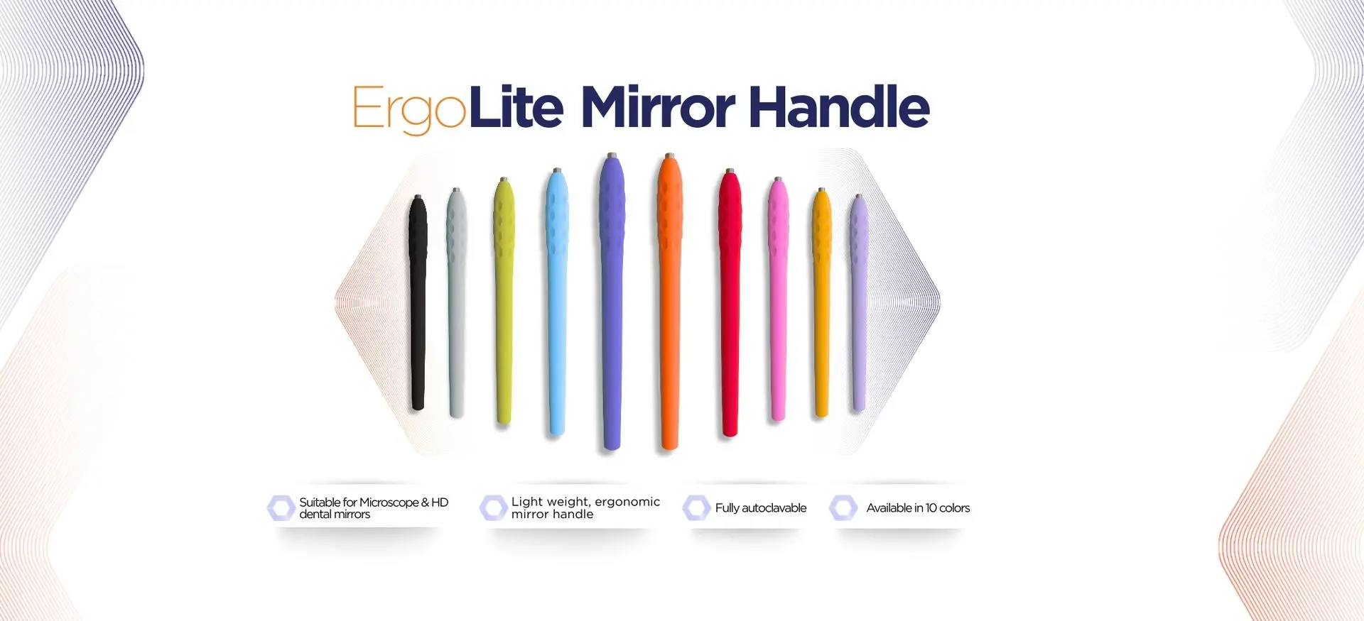 ErgoDenta ErgoLite mirror handles — the full range of ten colours, lightweight ergonomic cone-socket handles for dental mouth mirrors