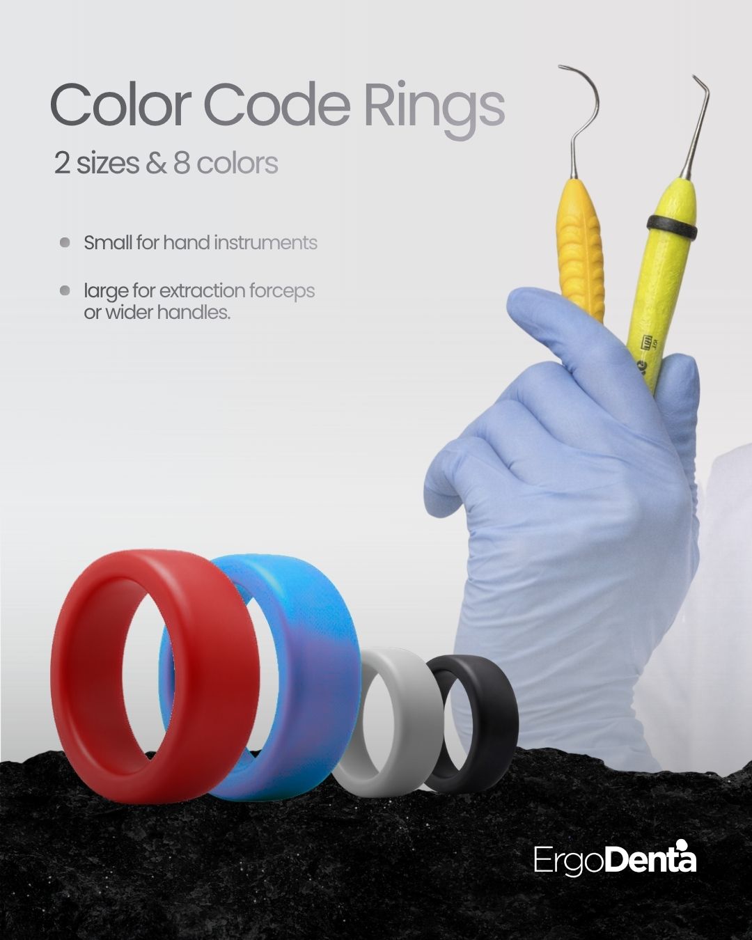 Color Code Rings — 2 sizes & 8 colors. Small for hand instruments, Large for extraction forceps or wider handles.