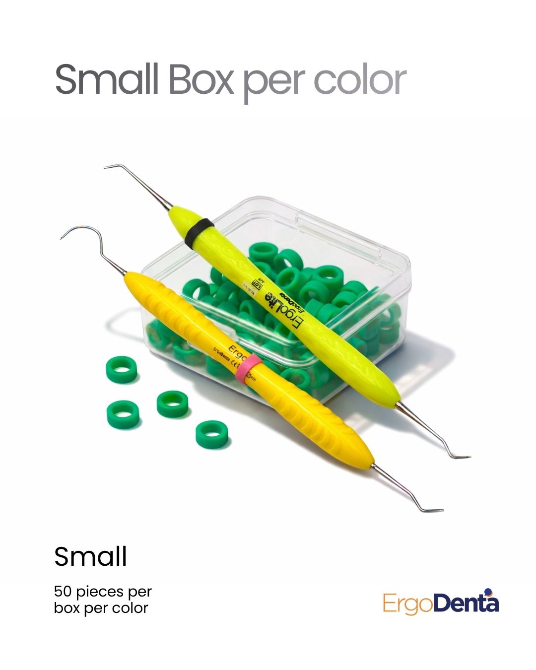 Color Code Rings — Small Box per color: 50 pieces per box per color, shown with green rings.