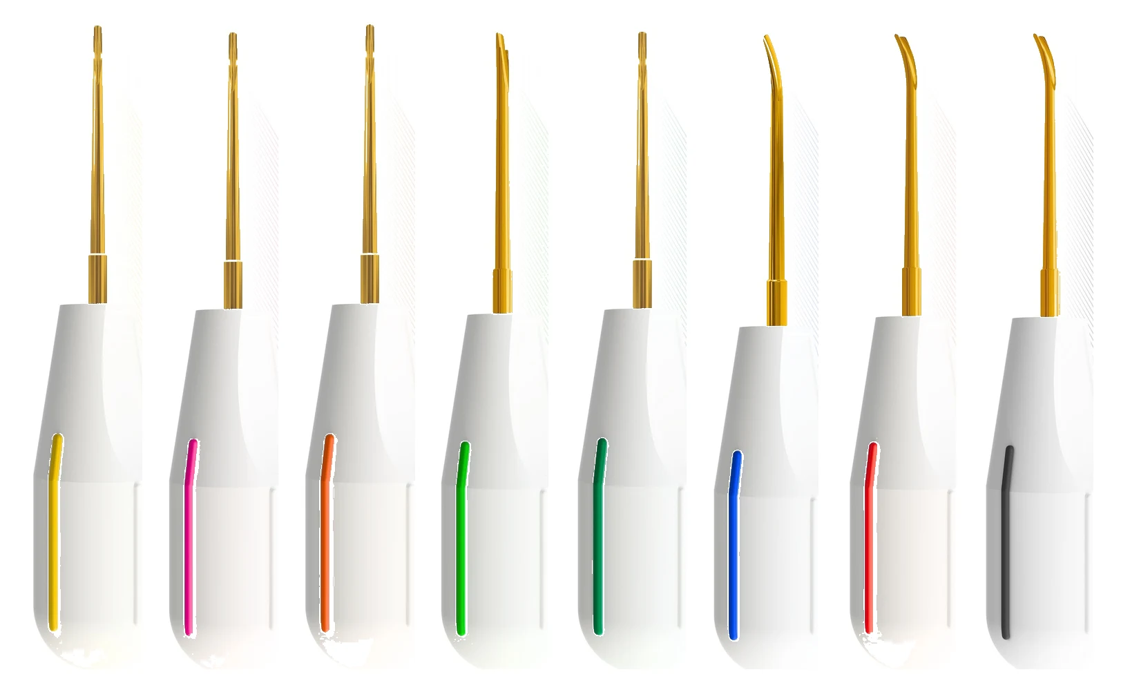ErgoLite gold elevators in eight colours, one per blade width and shape
