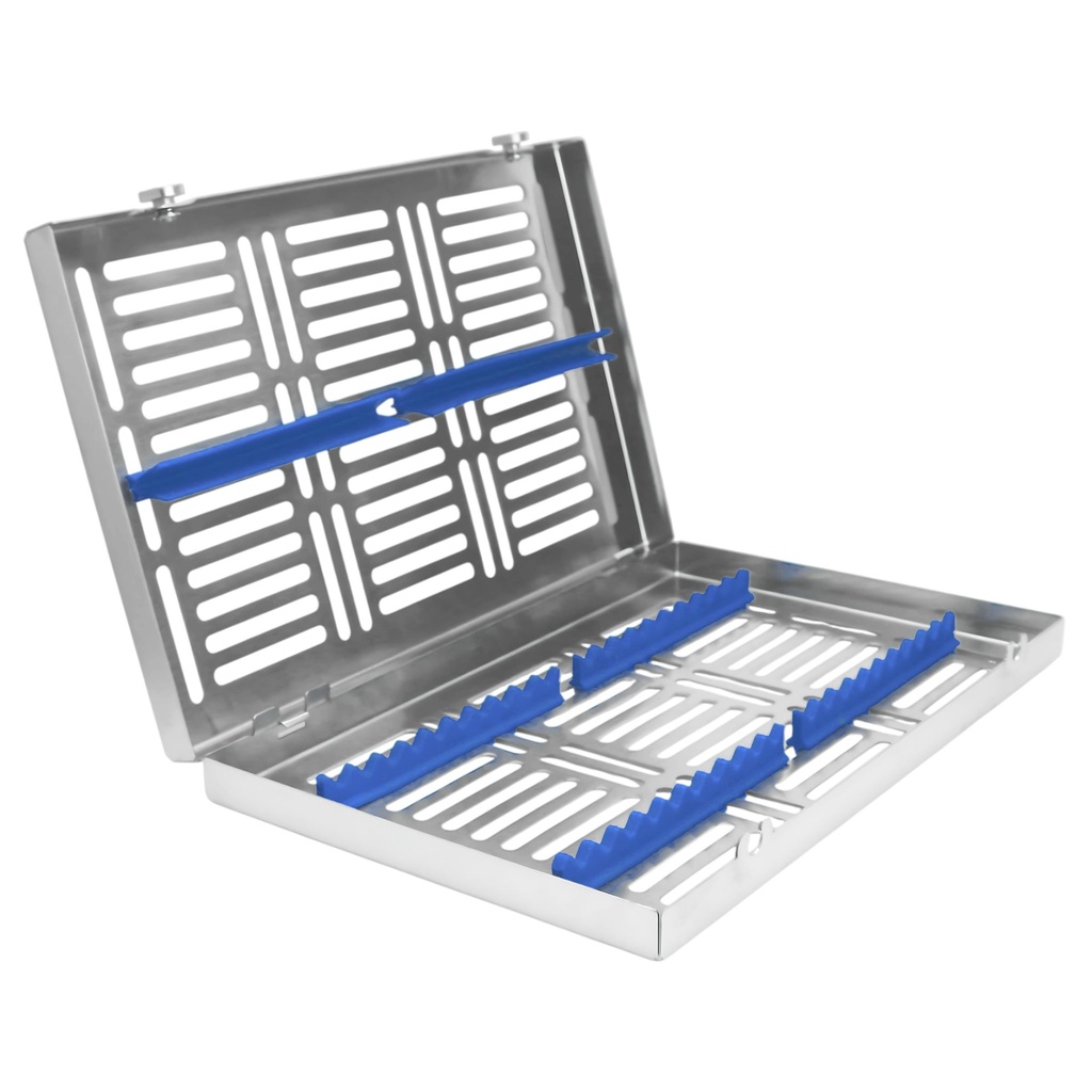 ErgoDenta sterilization cassette protecting a set of dental instruments through the autoclave cycle to prevent corrosion and staining